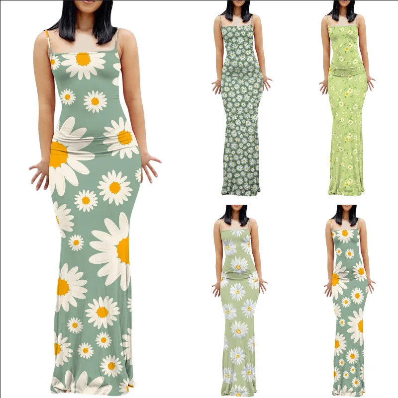 

Women Flower Print Maxi Slip Dress Fashion Casual Sweet Street Tide Female Long Dresses Summer U-neck Sleeveless Evening Robe