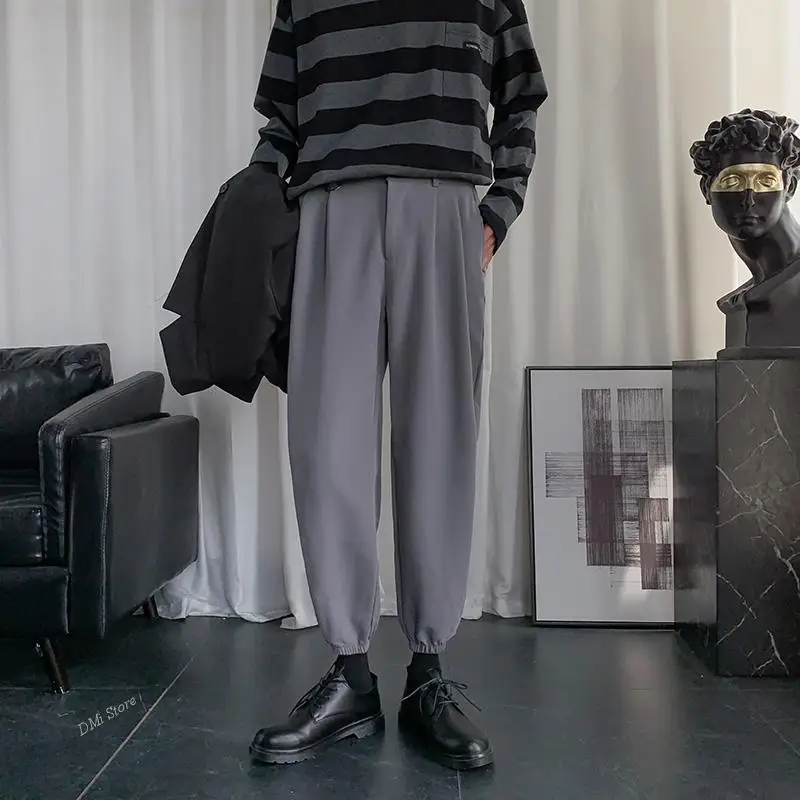 

Корейские свободные прямые повседневные брюки с эластичным поясом, мужские летние тонкие Костюмные брюки, мужские Модные серые черные клас...