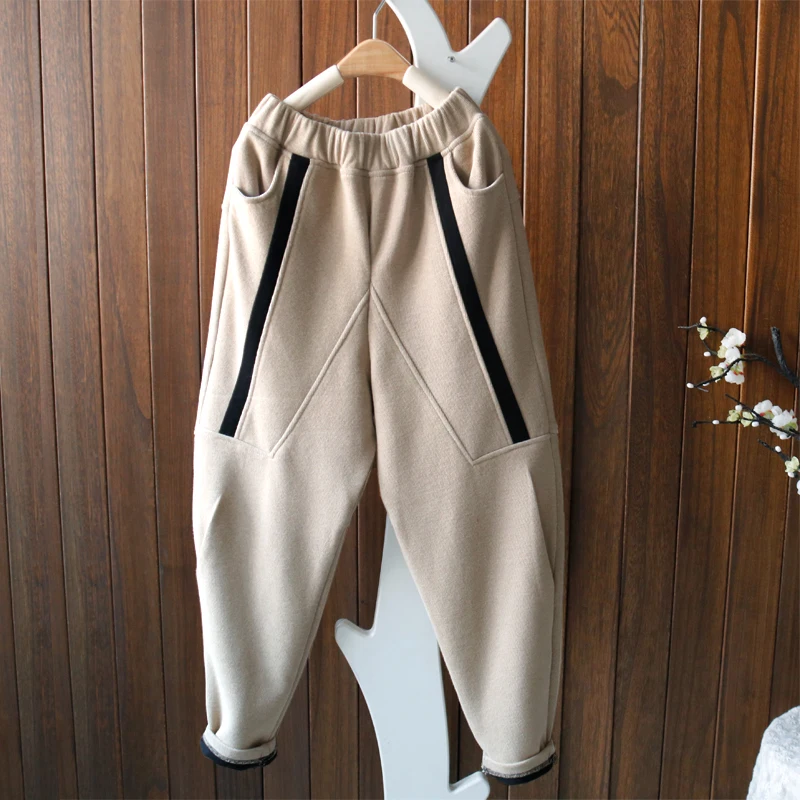 Fleece Knitted Women Pants Autumn Solid Elastic Harem Ankle Length Female Clothing Top Quality