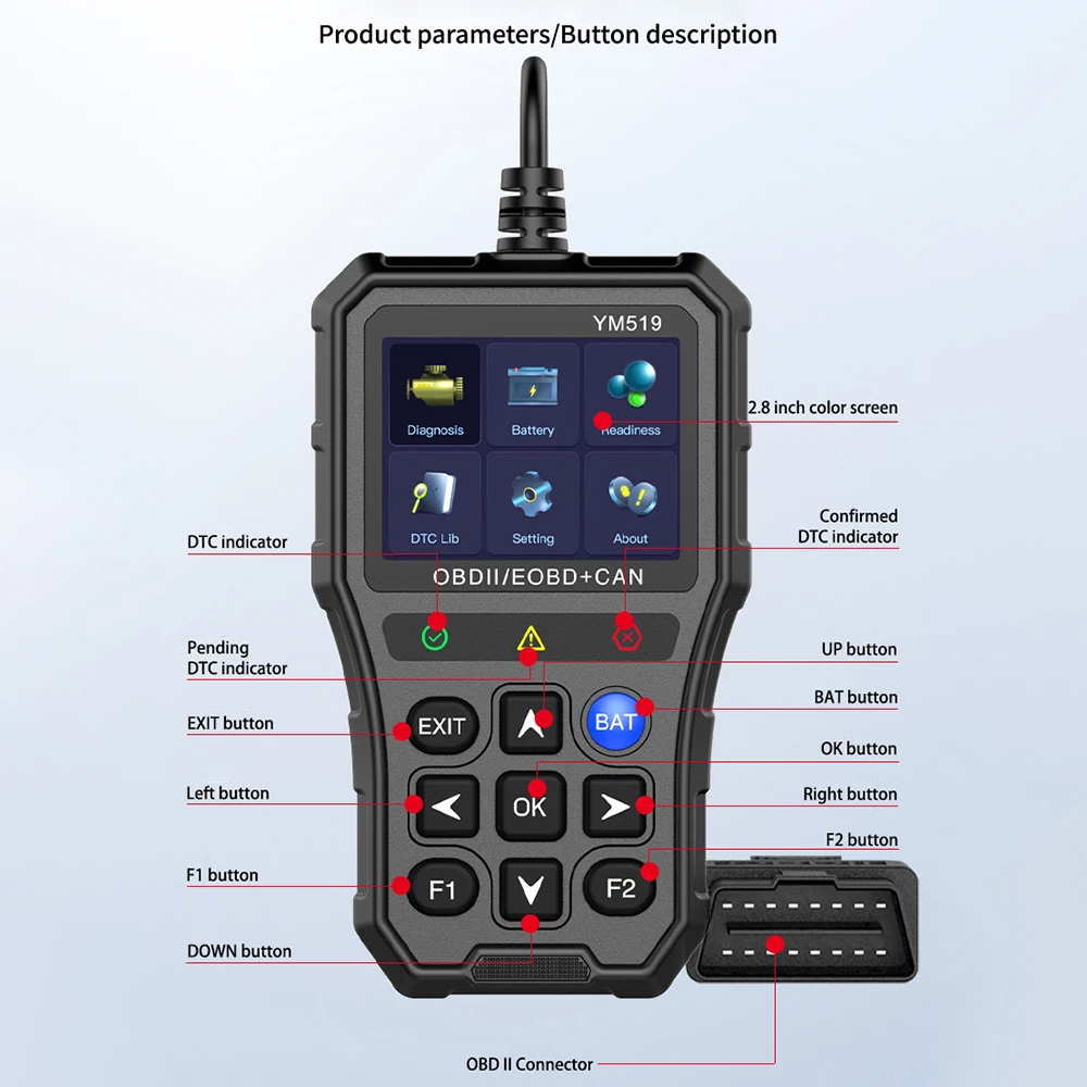 Тестер батареи проверка системы двигателя считыватель кодов OBD2 YM519 сканер