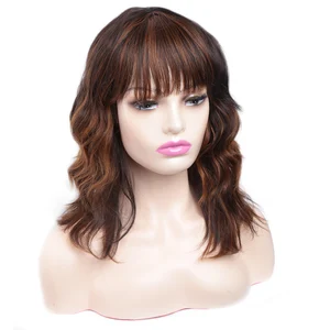 Amir Synthetic Short Brown Wavy Bob Wig with Bangs Shoulder Medium Length Wigs for Women Brown Wig with Bangs