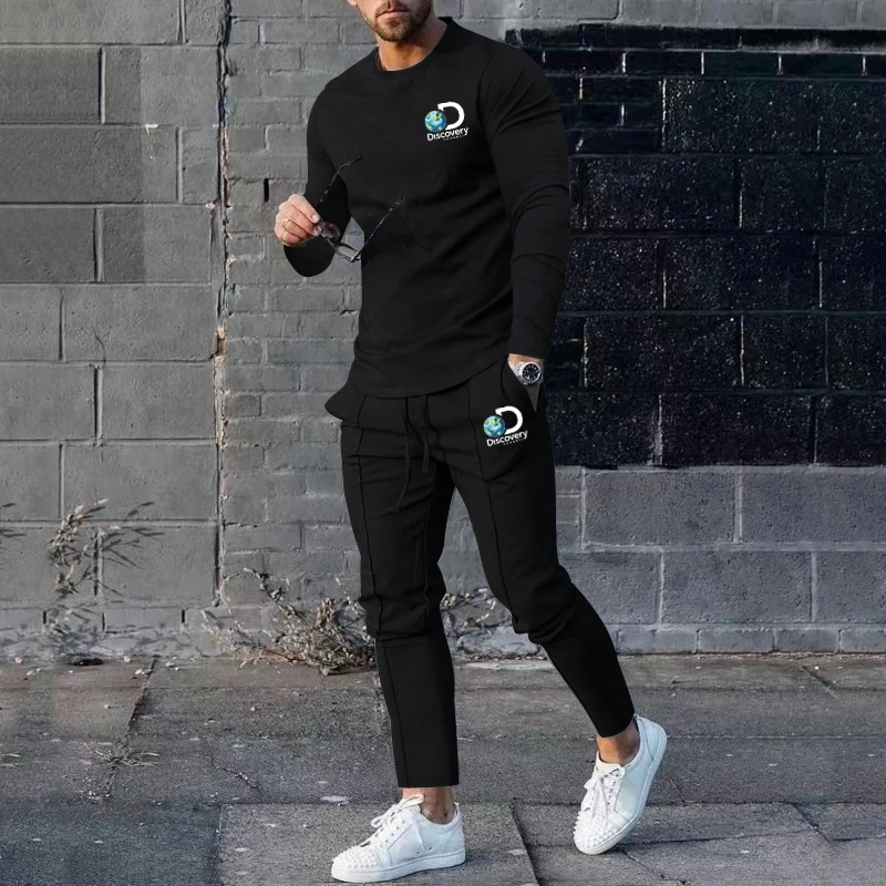 Men's 2023 Spring and Autumn Two Piece Round Neck Long Sleeve T-shirt Pants Solid Color Comfortable Casual Sports Men's Set