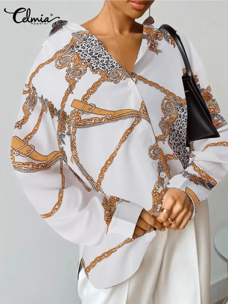 

Celmia Work Wear Chain Printing Blusas 2022 Fashion Women Blouse Vintage Asymmetric Hem Tops Lapel Autumn Long Sleeve Long Shirt