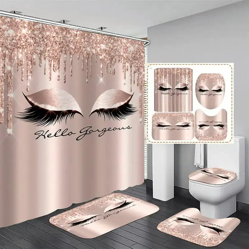 

Pretty Eyelash Shower Curtain Spark Rose Gold Drips Hello Gorgeous Bathroom Decor Waterproof Cloth Polyester Bath Curtain Bathtu