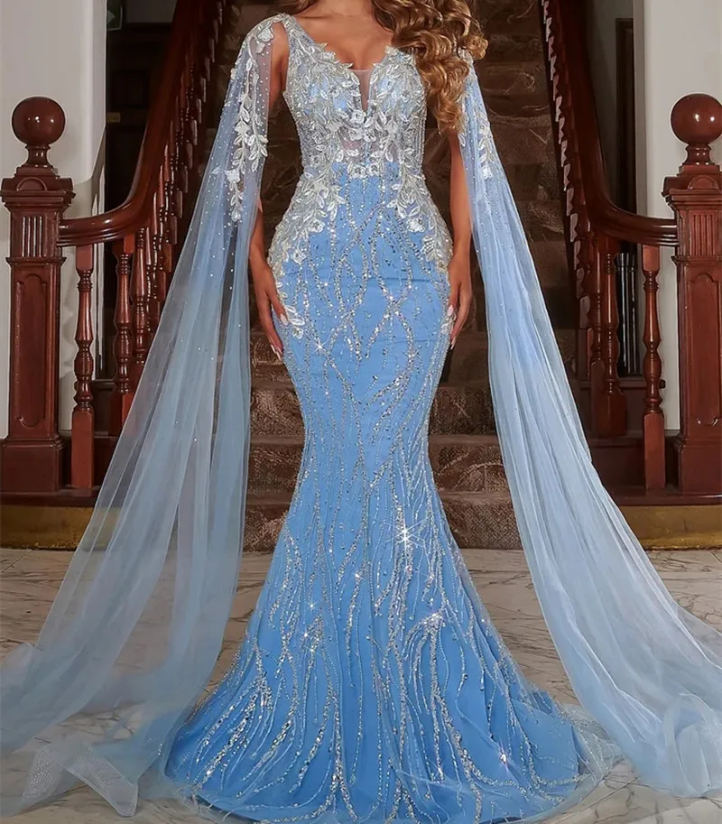 

Luxury Dubai Arabic Evening Dresses Sequins Beads Mermaid Blue Women Formal Prom Gowns With Cape Met Gala Wedding Party Robe
