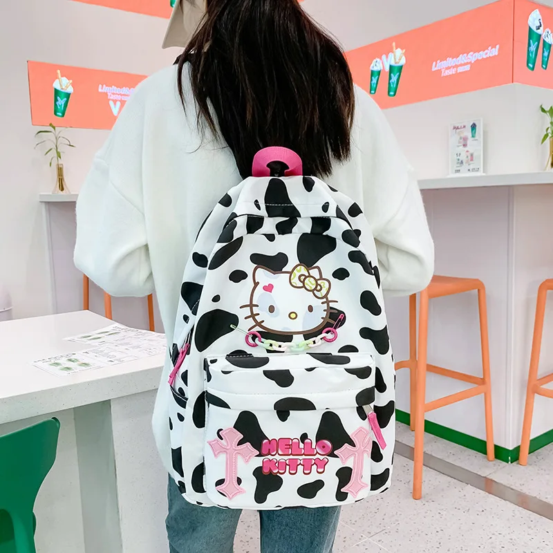 

Sanrio KT Cat School Bag Cartoon Lightweight Large-capacity Nylon Backpack Cute Student Simple Cow Pattern Backpack Gift