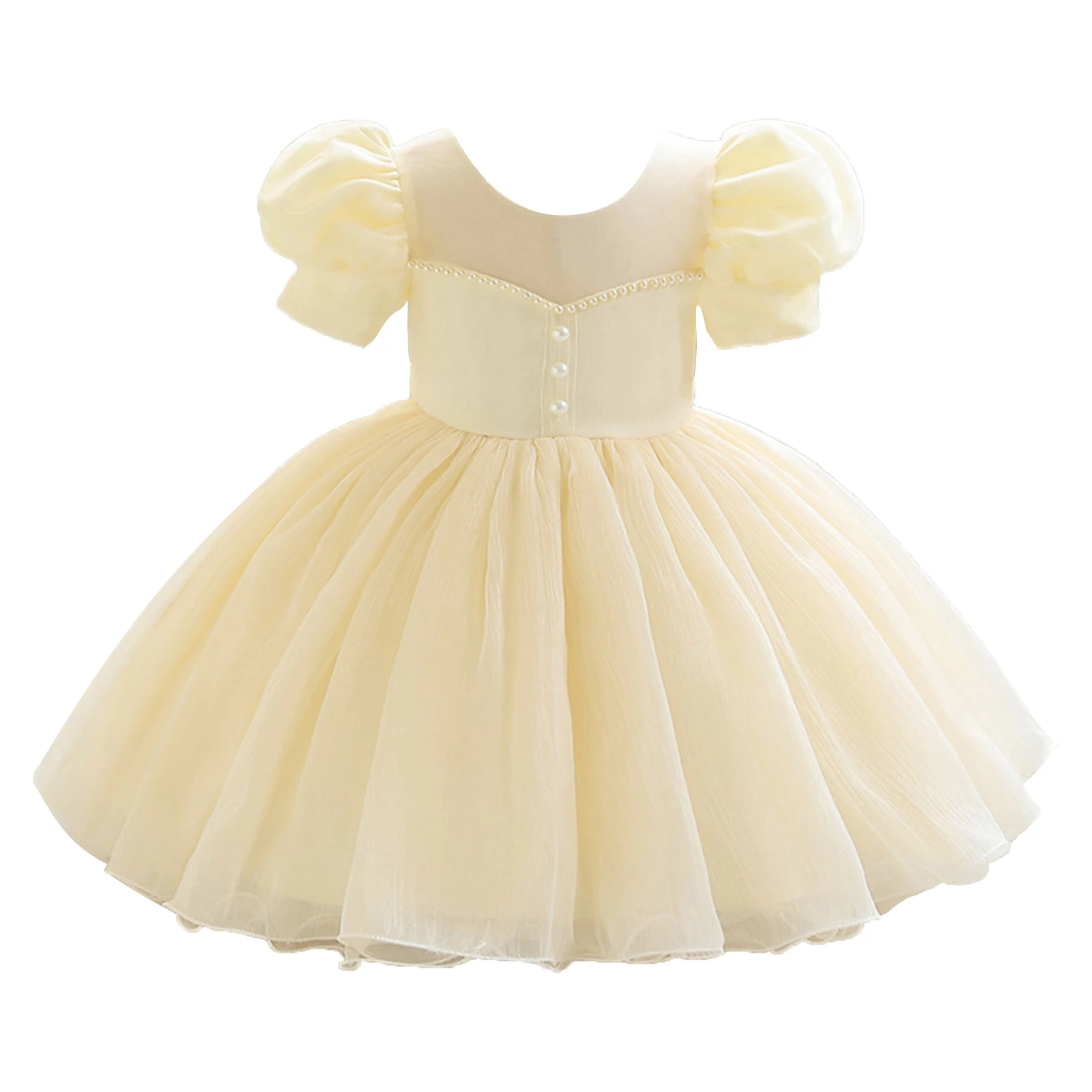 

Baby Girls Pearls Flower Girl Party Dress Puff Sleeve Mesh Yoke Fluffy Tulle Skirt Princess Dress for Thanksgiving Pageant