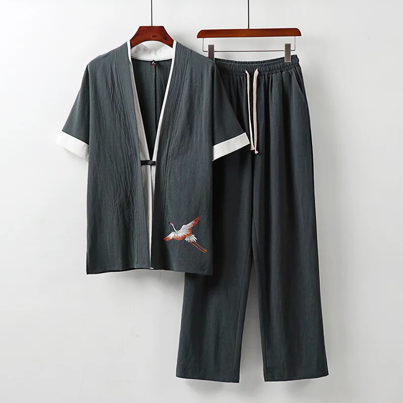 

Linen Short Sleeve Suit Men's Summer Thin Fake Two Pieces Shirts Trendy Chinese Style Men's Cotton Linen Retro Han Chinese Cloth