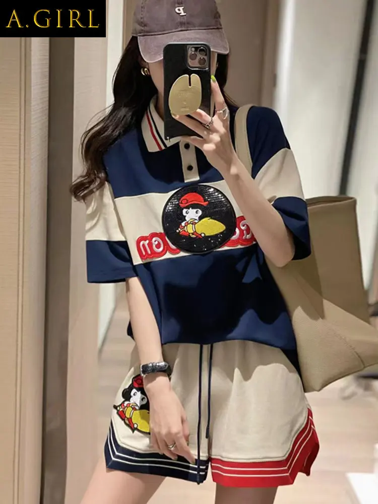 

Two Piece Set For WomenLetter Cartoon Casual Tracksuit Suit Women 2023 Summer Y2K Streetwear Short Sleeved Turndown Collar T-Shi