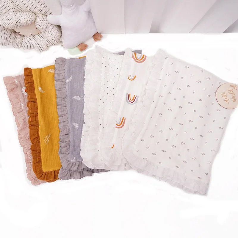 

Muslin Swaddle Crinkle Cotton Gauze Ruffle Newborn Muslin Receiving Blanket Swaddle Baby Stroller Blanket Cover Bedding Quilt