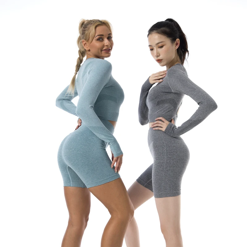

2-Piece Yoga Suit Seamless Knitting Long Sleeve Autumn And Winter Running Suit Tight Sexy Back Fitness Yoga Suit Sportswear