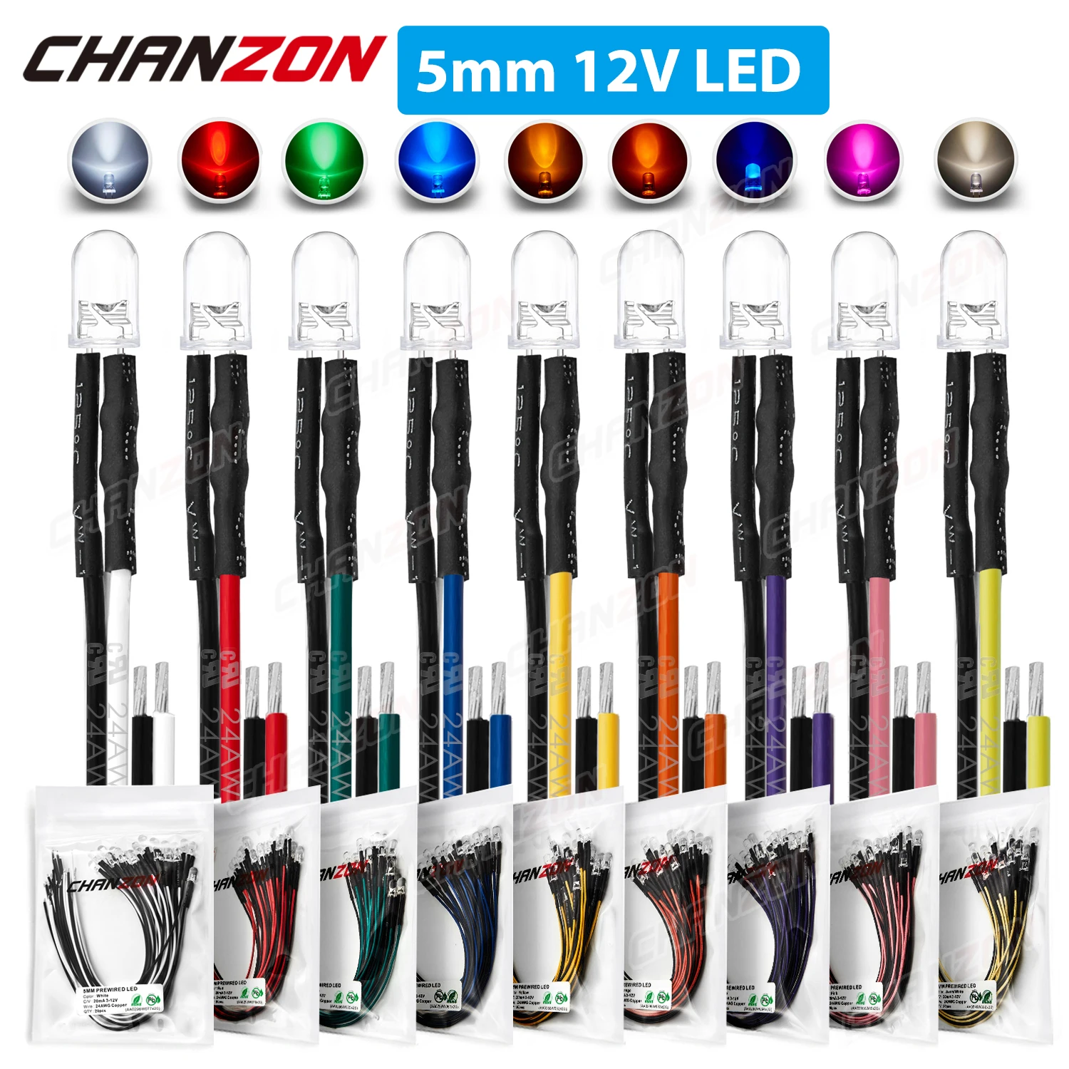 

5mm Prewired LED Kit Light Emitting Diode DC 12V Warm White Red Green Blue Yellow Orange UV Pink Pre Wired Cable Lamp Bulb Set