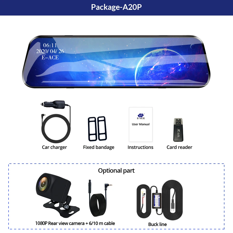 E-ACE 10&quot Touch Car Dvr Mirror Dash Camera FHD 1080P Video Recorder Stream RearView With Rear View | Автомобили и мотоциклы