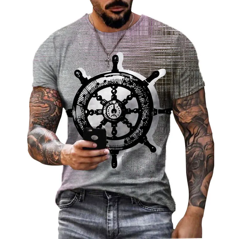 

2022 summer new men's 3D digital printing casual oversized high-quality retro rudder anchor short-sleeved T-shirt
