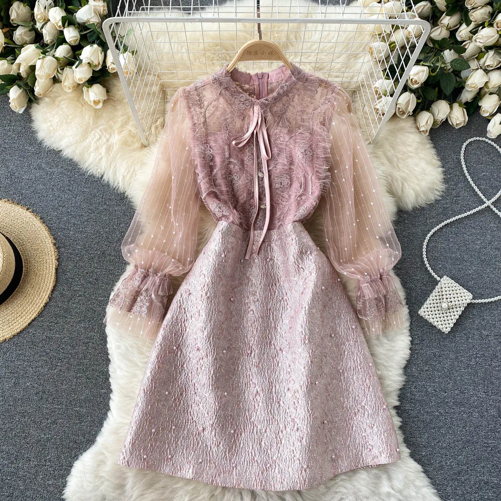 

High-end Cute Slim Women Dress 2022 New Fashion Ladies Beading Embroidery Mesh Puff Sleeve Elegant Short A-line Dress