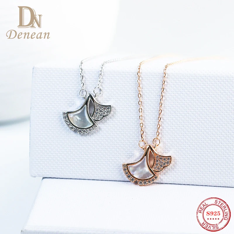 

Denean 925 Sterling Silver Small Skirt Necklace Ginkgo Leaves Inlaid With Shells and Zircon Fan-Shaped Pendant for Women Jewelry