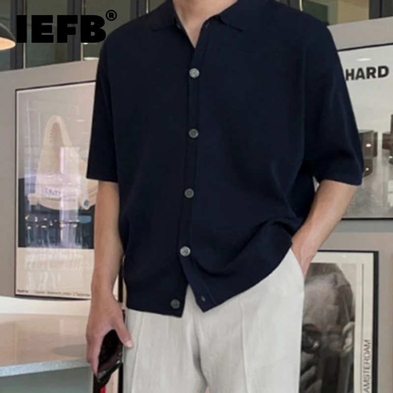 

IEFB Fashion Lapel Knitting Shirts Men Summer Korean Style Loose Short Sleeve Cardigan 2023 New Solid Color Streetwear 9C151