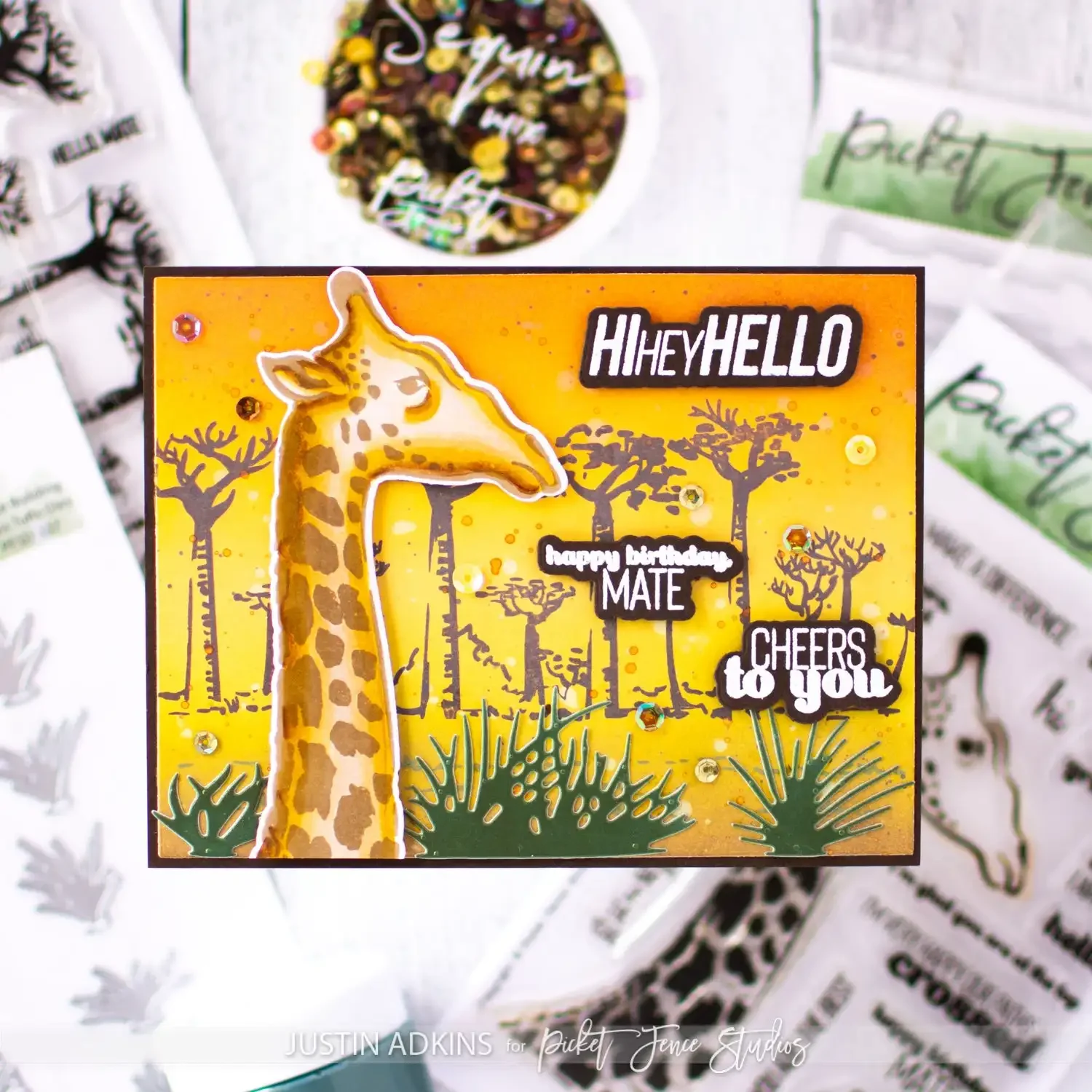 Привет привет здравствуйте штамп с жирафом и искусственное украшение трафарет