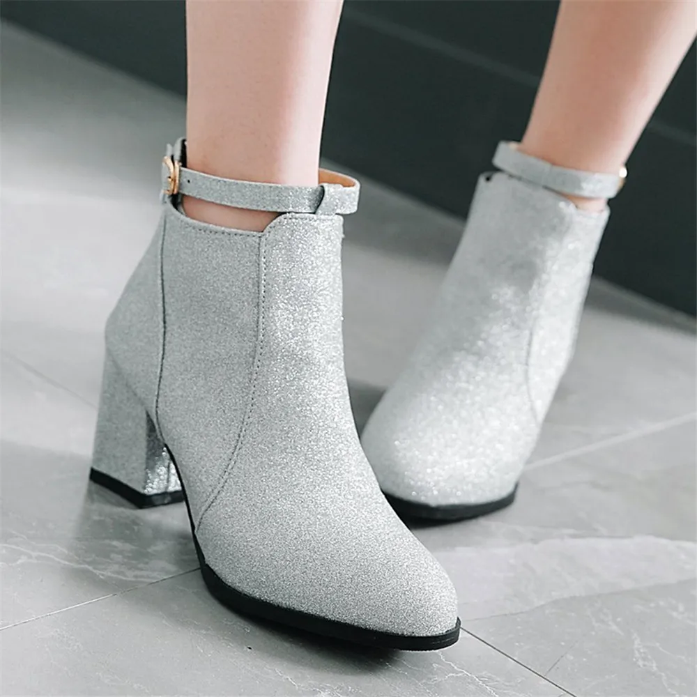 New 2022 Autumn Winter New Woman High heels Ankle Booties Women Boots Sequined Cloth Dress Shoes Goth Boots Purple Black Gold