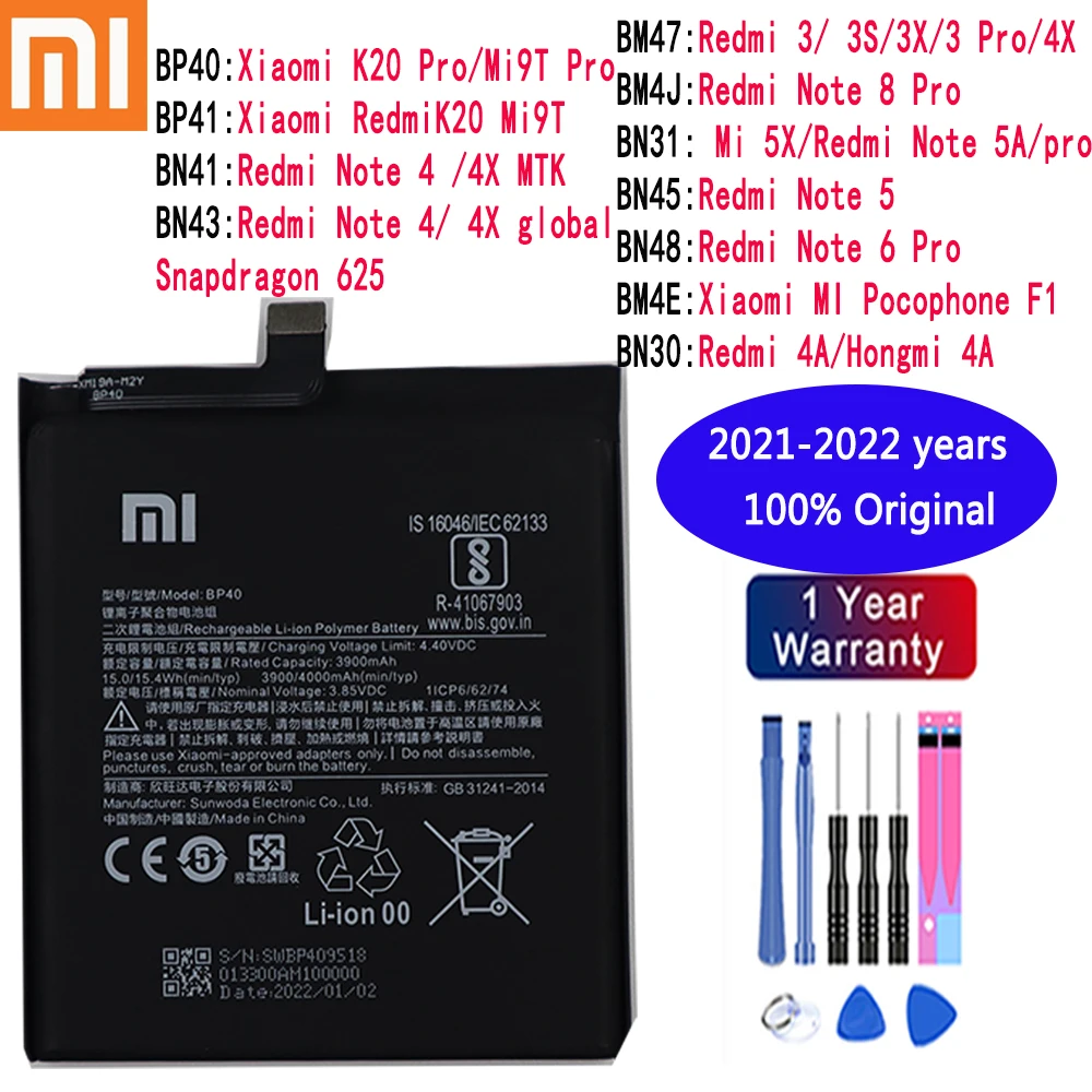 100% Оригинальный аккумулятор для Xiaomi K20 Pro Mi9T Redmi 3 3S 4A Note 5 6 8 Mi 5X MI Pocophone F1 4/4X |