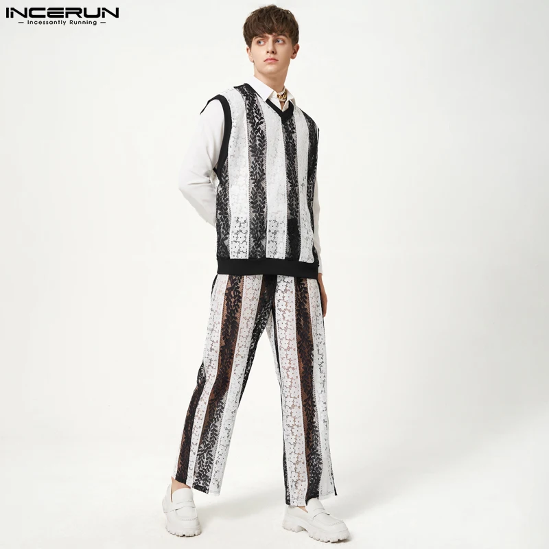 

Handsome Well Fitting Sets INCERUN Mens Black&White Lace Splicing Suits Casual Long-sleeved Shirts Trousers Two-piece Sets S-5XL