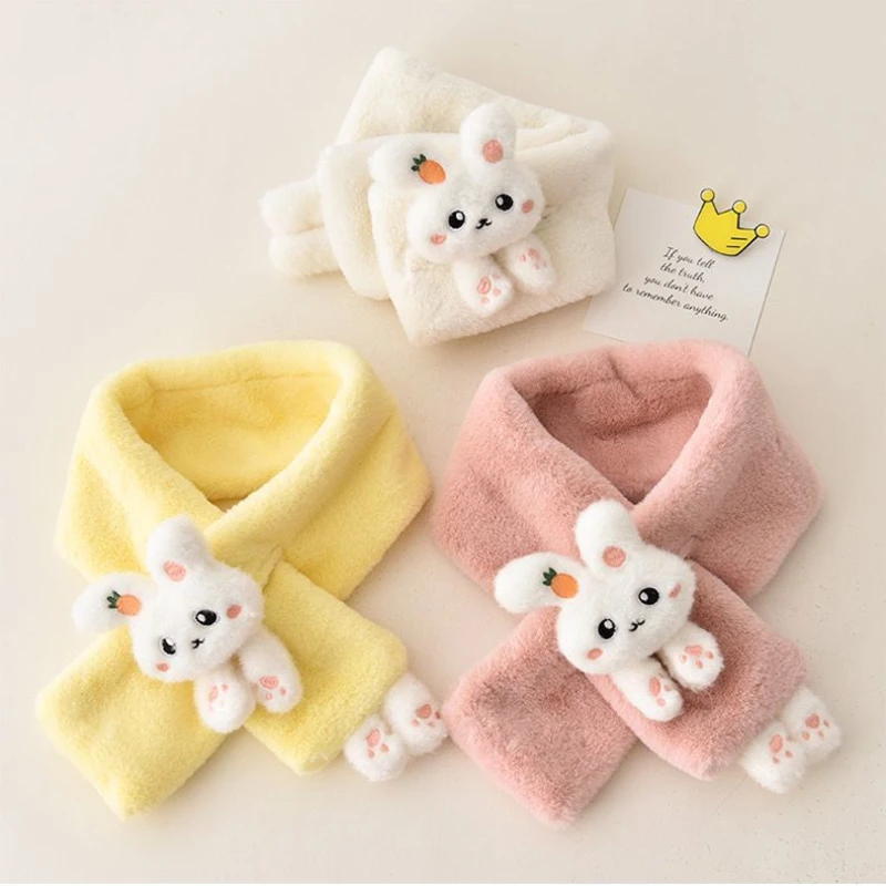 

Children's Scarf Boys Girls Winter Scarfs Thick Plush Cross Baby Bib Cute Cartoon Rabbit Faux Fur Neck Protection Warm Shawl