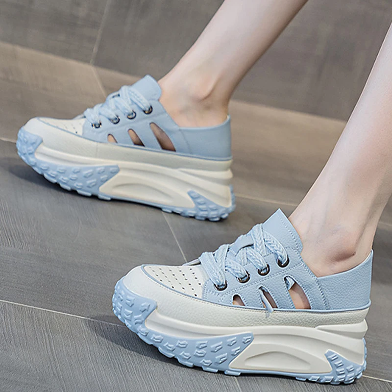 Genuine Leather 2023 Platform Wedge Chunky Sneakers Fashion Hollow Lace Mixed Color Casual Comfy Lady Hidden Heel Female Shoes