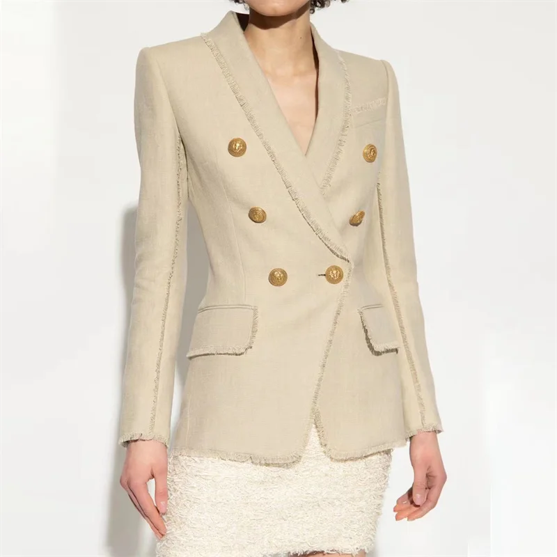 

Women's Jacket 2023Spring New Outerwear Women's Suit Coat Korean Fashion Metal Button Decoration Linen Blend Long Sleeve Top y2k