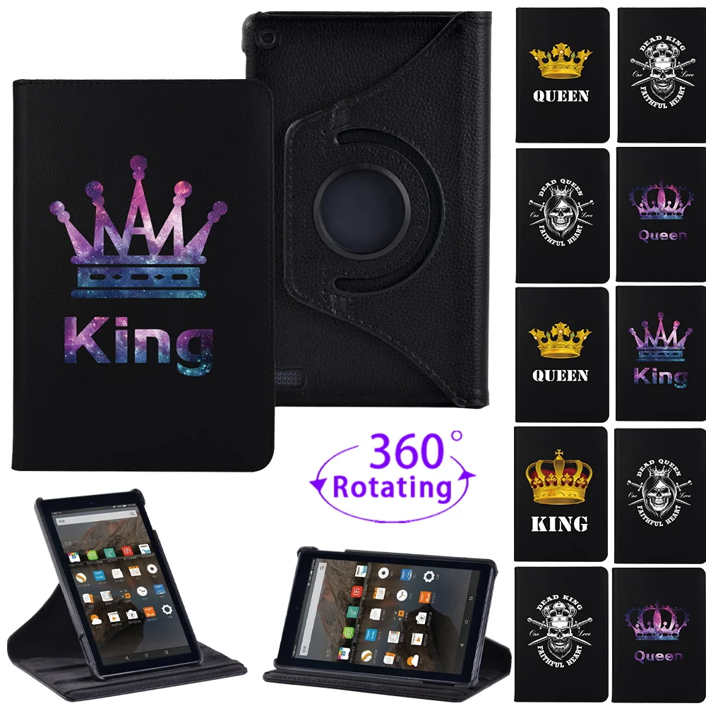 360 Degree Rotating Leather Tablet Stand Case for Fire 7 5th Gen/Fire 7 7th Gen/Fire 7 9th Gen King Queen Print Protective Cover