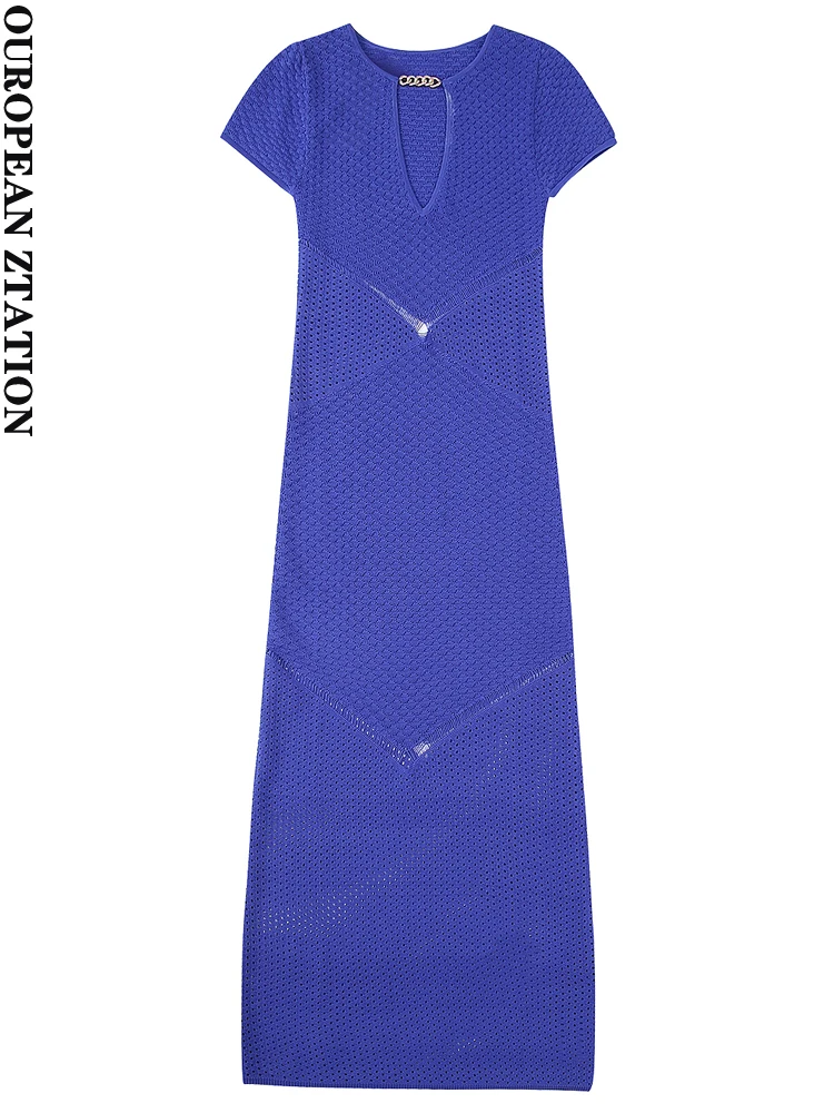 

PAILETE Women 2023 fashion with chain pointelle knit midi dress vintage v neck short sleeve female dresses vestidos mujer