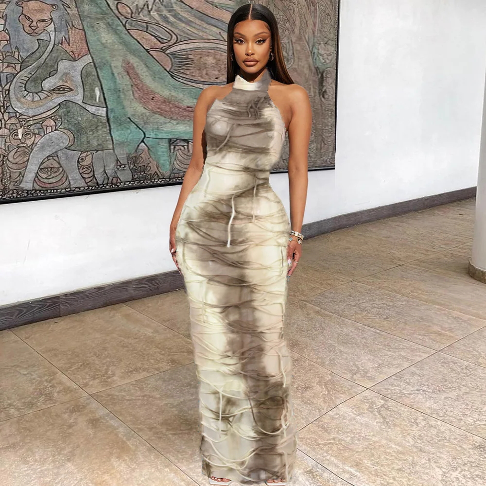

Elegant Maxi Dress Women Sleeveless Tassels Backless Sexy Bodycon Dresses Party Clubwear 2023 Fashion Streetwear Halter Vestidos
