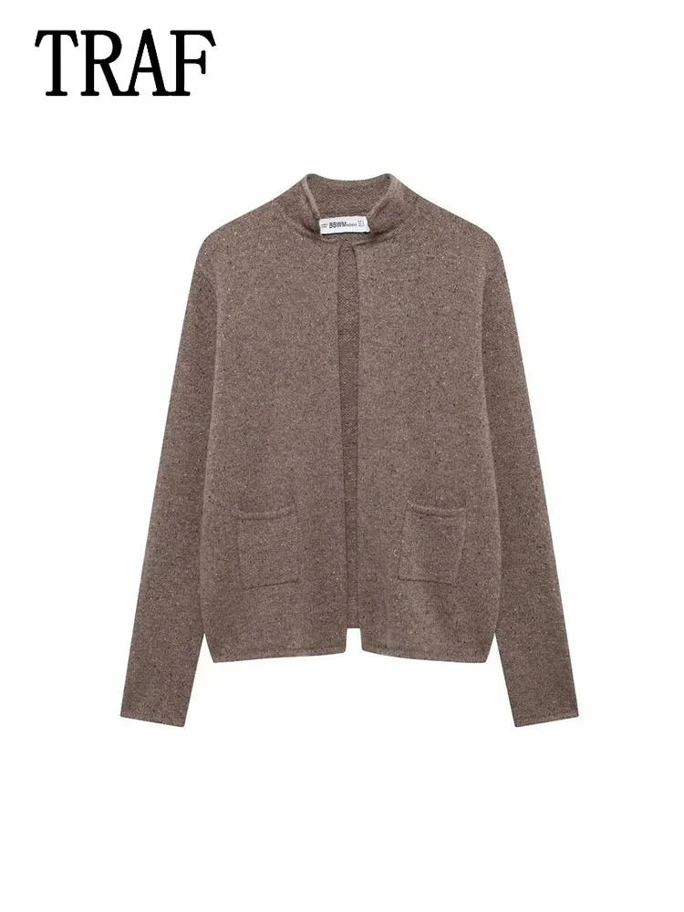 TRAF 2024 женский теплый зимний кардиган осенний вязаный свитер с длинными рукавами
