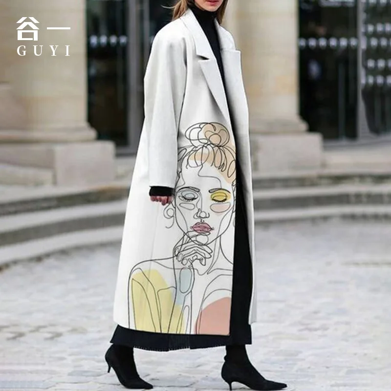 

2022 autumn women's new casual woolen mid-length printed coat