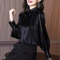 stand collar casual blouse 2022 spring autumn vintage elegant loose plus size women clothing lace spliced tops puff sleeve shirt