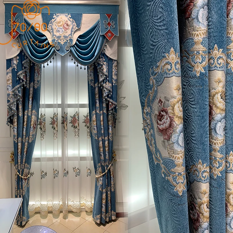 New Luxury Black Chenille Jacquard Stitching Blackout Curtains for Living Room Bedroom Finished Valance Custom