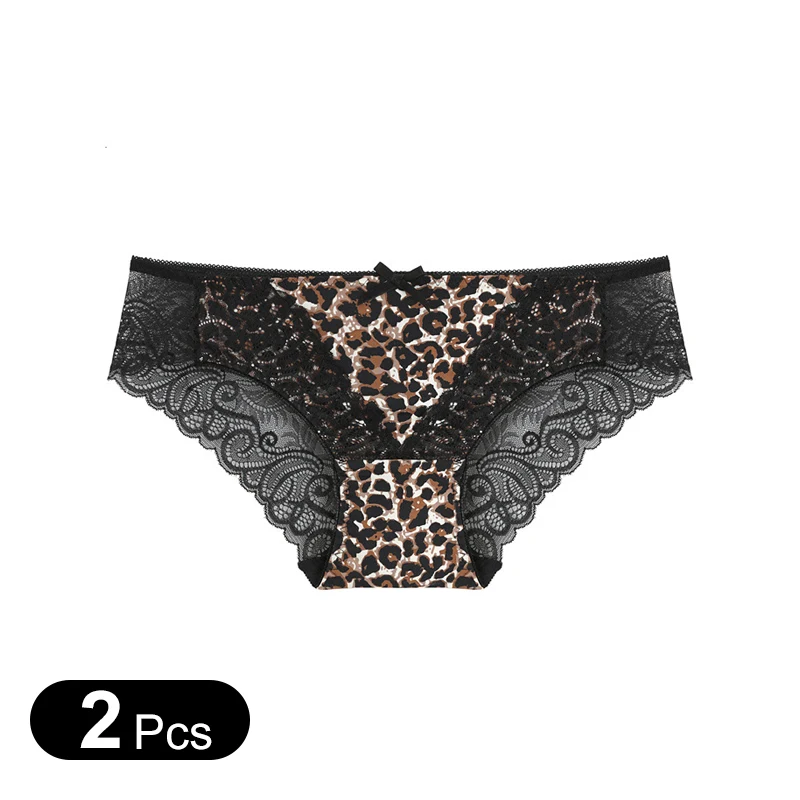 

2Pcs/Deep V Lace Leopard Pattern Sexy Ice Silk Women's Underwear Transparent Breathable Low Waist Briefs Erotiic Underwear Woman