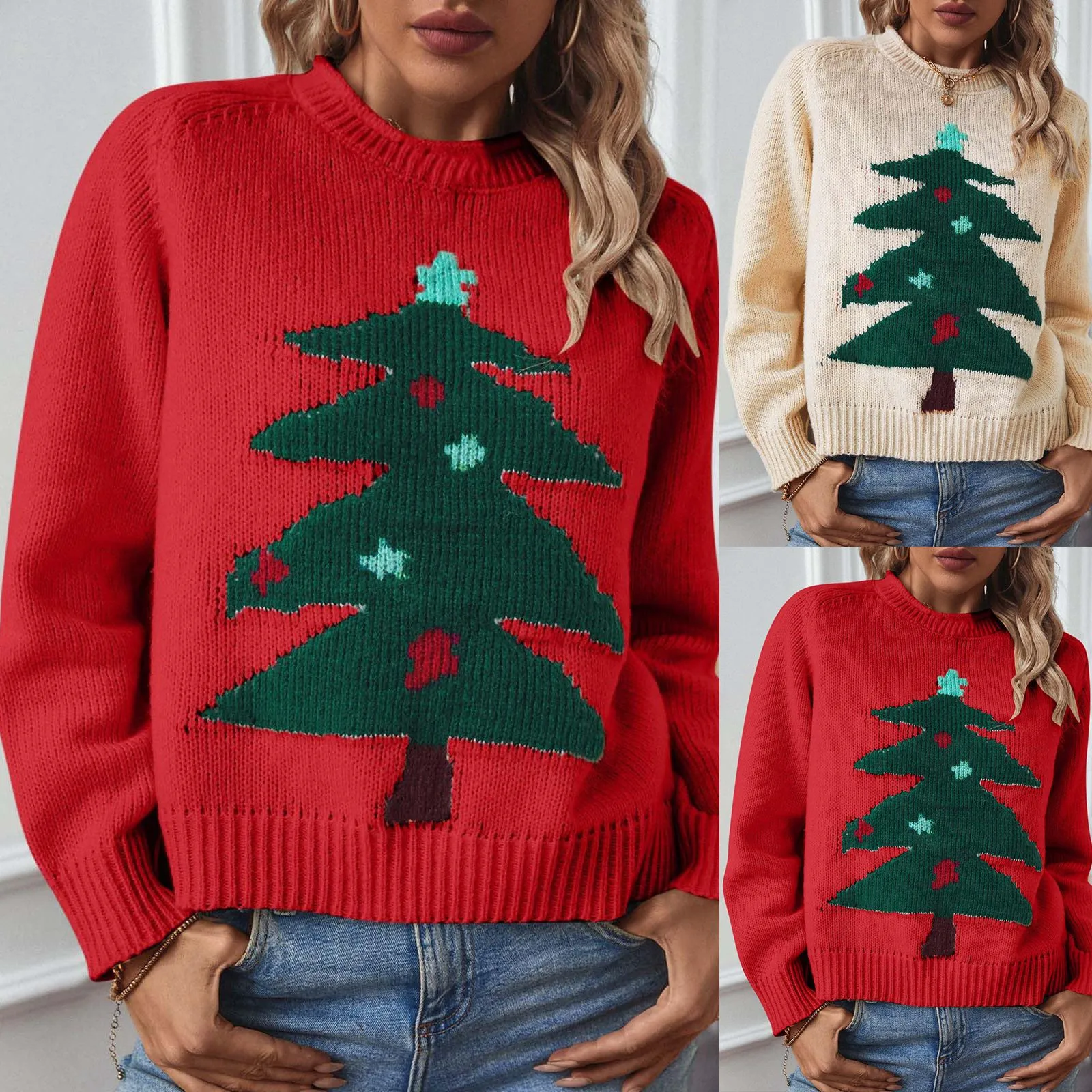 Женский вязаный свитер с рождественской елкой пуловер круглым вырезом