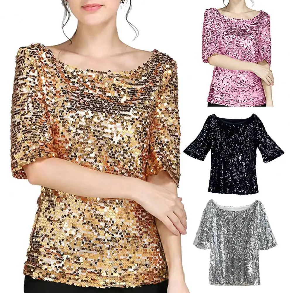 

Women Blouses Summer Explosion Sequined T-shirt Short Sleevele Glitter Solid Loose Tops Pullover Tee Tops Streetwear Clothes