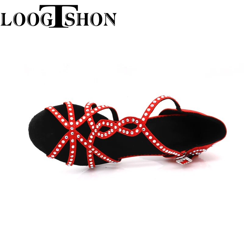 Loogtshon latin dance shoes woman Latin Dance Shoes shining RED  satin Women Salsa party Ballroom shoes
