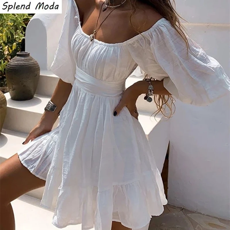 

Splend Moda Spring New Fashion French Vintage Casual Square Collar Lace-Up Solid Color Folds Puff Sleeve Dress For Women Vestido