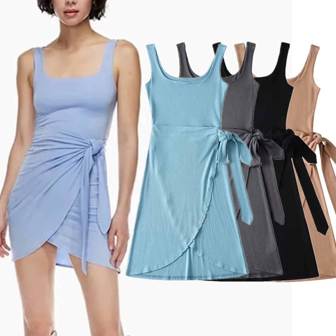 

Withered Ins Fashion Blogger Vintage Knitted Sexy Encased Solid Rib Sexy Mini Tank Dress Women