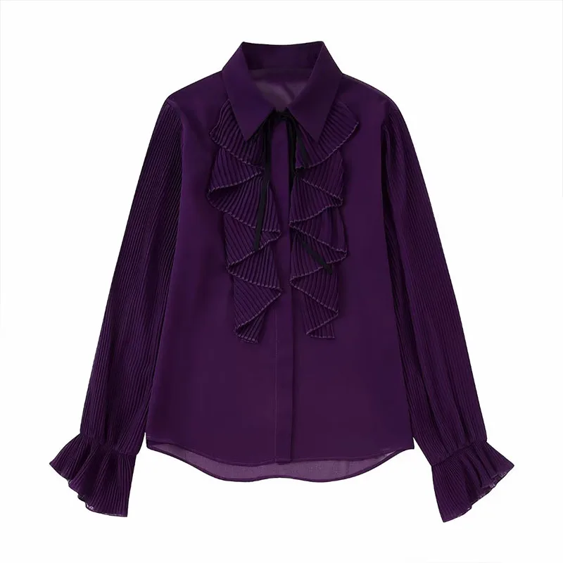 

Новинка Осень-зима 2022, Женская Повседневная модная маленькая однобортная рубашка с плиссированным рукавом и бантом, 221406