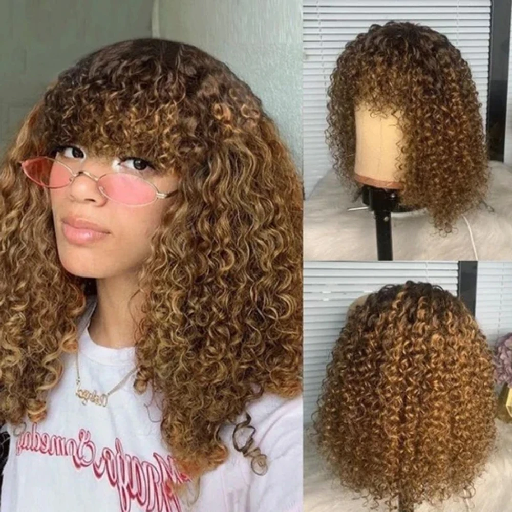 

Brazilian Curly Human Hair Wig 1B/ Ombre Color Short Bouncy Jerry Curly Bob Cut Full Machine Made Human Hair Wigs With Bangs