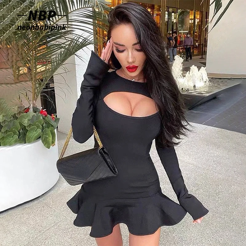 

NEONBABIPINK Sexy Black Ruffle Bodycon Dress Cut Out Long Sleeve Mini Dresses for Club Outfits Women Spring Clothing N16-CB26