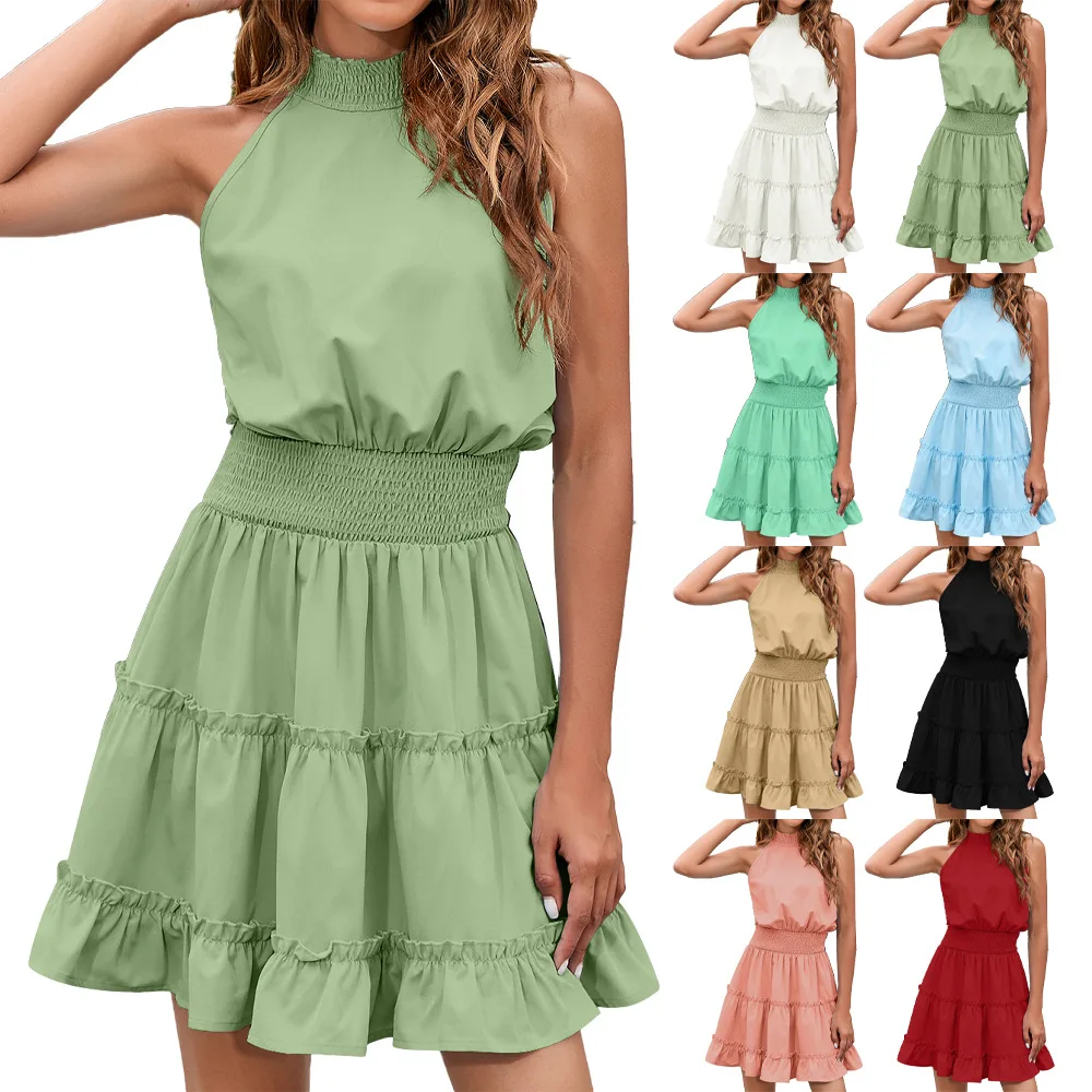 

New Dress Hanging Neck Bohemian Casual Sleeveless Fold Fast Waist Sexy Dress Dresses
