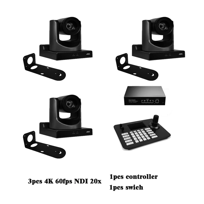 

3 pcs 4k 60fps NDI 20X camera and 1PCS PTZ Camera Controller 1pcs switch