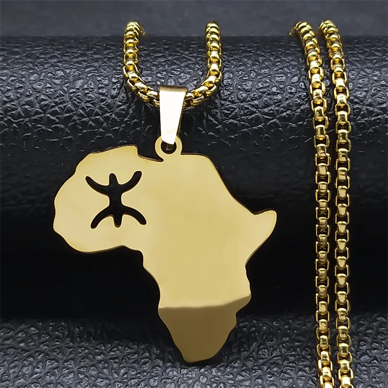 

African Map Berber Amazigh Chain Necklaces for Women Men Stainless Steel Gold Color Pendant Necklace Jewelry collier N8087S01