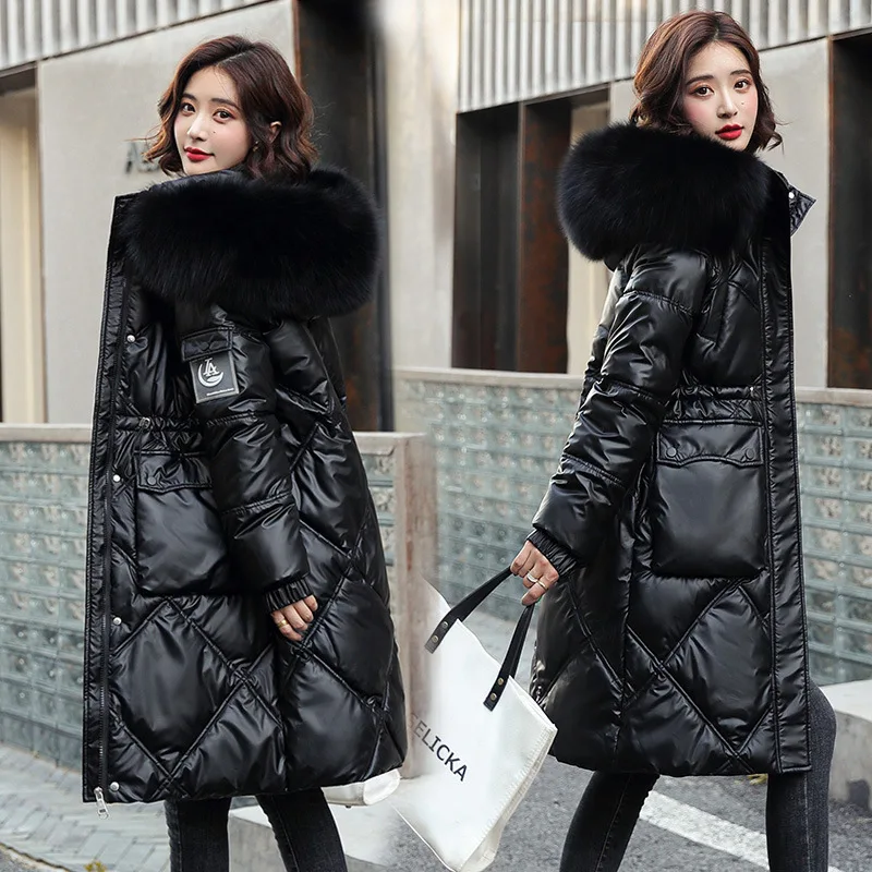

-20 degrees Winter Women Long Parkas Jacket Casual Slim Shiny fabric Hooded Thick Warm Parkas Coat 2022Fashion outwear parkas