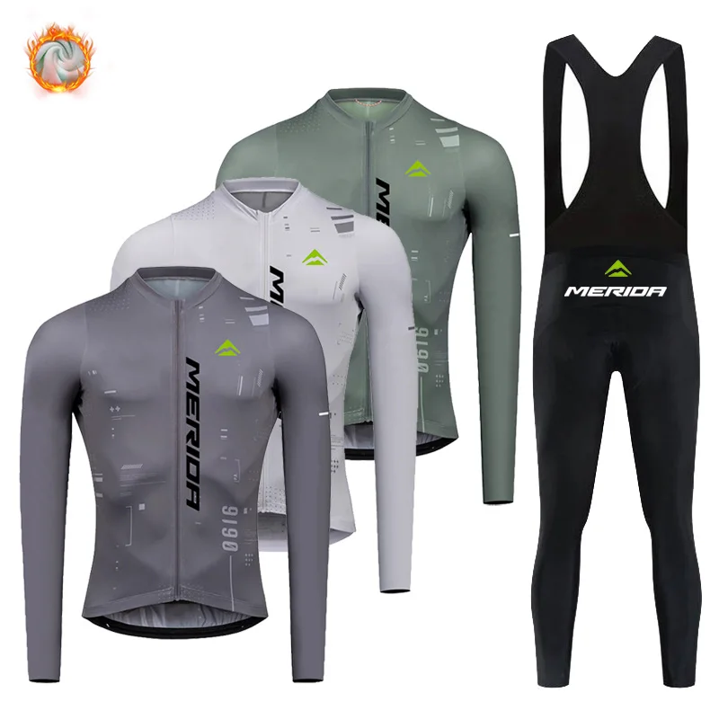 Merida 2025 Winter Cycling Sets Men Long Sleeve Jerseys Thermal Bicycle Clothing Bib Pants MTB Maillot Bike Sports Set