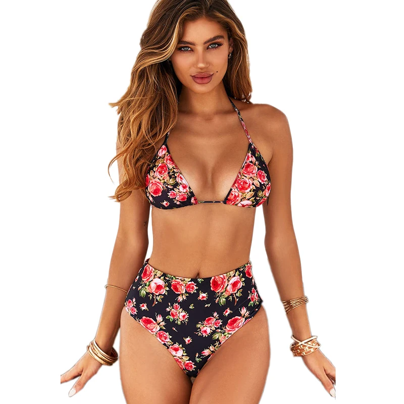 

2022 New Triangle Push Up Bikinis Women Swimwear Floral Print High Waisted Bathing Suits Tied String Beach Swimsuit Female